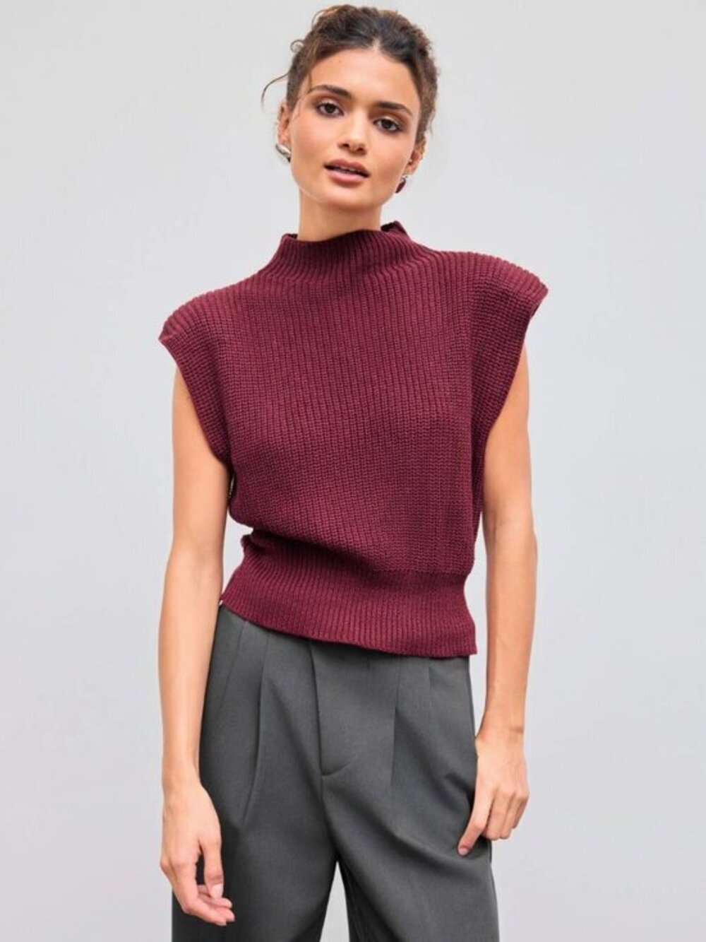 Cider Oxblood Mock Neck Sweater Vest Cap Sleeve Shoulder Pad Knit Top XXS